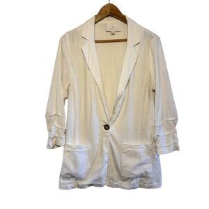 H Halston Linen Blend White Med Pleated Sleeves Single Button Relaxed Blazer